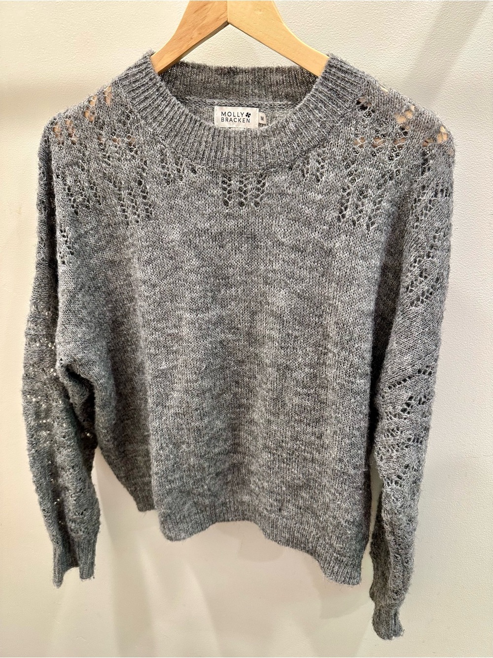 Molly Bracken Heather Gray Openwork Crewneck Sweater